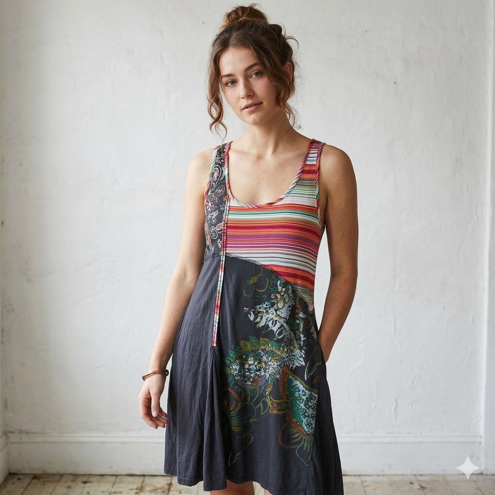 Cap Juluca Aldo Martins Dress Womens Small‎ Patchwork Stripe Paisley Floral